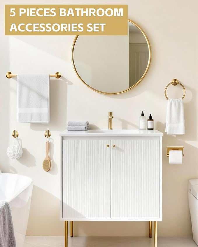 5 Pieces Gold Bathroom Accessories Set - 25.6 inch Towel Bar, Toilet Paper Holder, Towel Rack and Coat Hook, SUS304 Stainless Steel Bathroom Hardware Set, Wall Mounted Bathroom Decor and Accessories