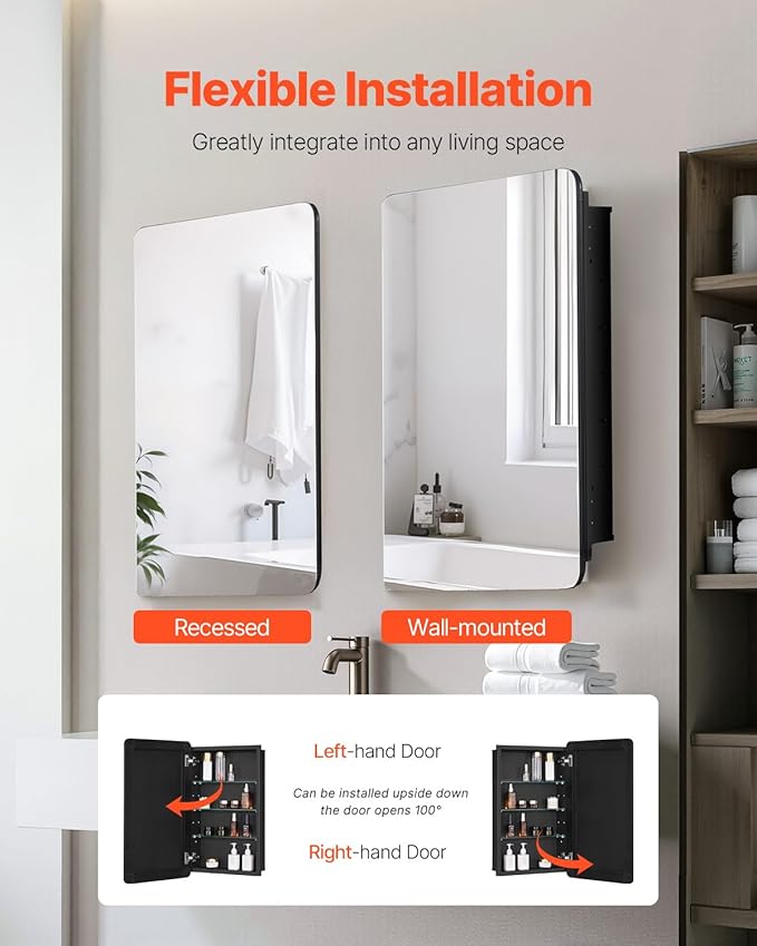VEVOR Medicine Cabinet, 16.5 x 27.5 inch, Medicine Cabinet for Bathroom with Mirror, Aluminum Frame Bathroom Wall Cabinet, 3-Layer Adjustable Shelves, Recessed & Wall-Mounted Installation