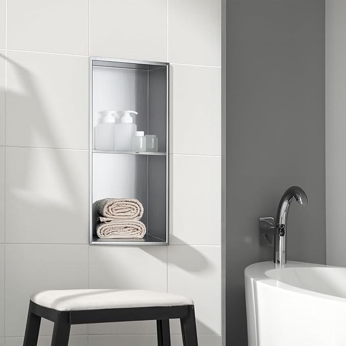 SaniteModar Shower Niche, Stainless Steel Shower Niche No Tile Needed, Recessed for Bathroom Storage (Brushed Silver, 12x24,Double)