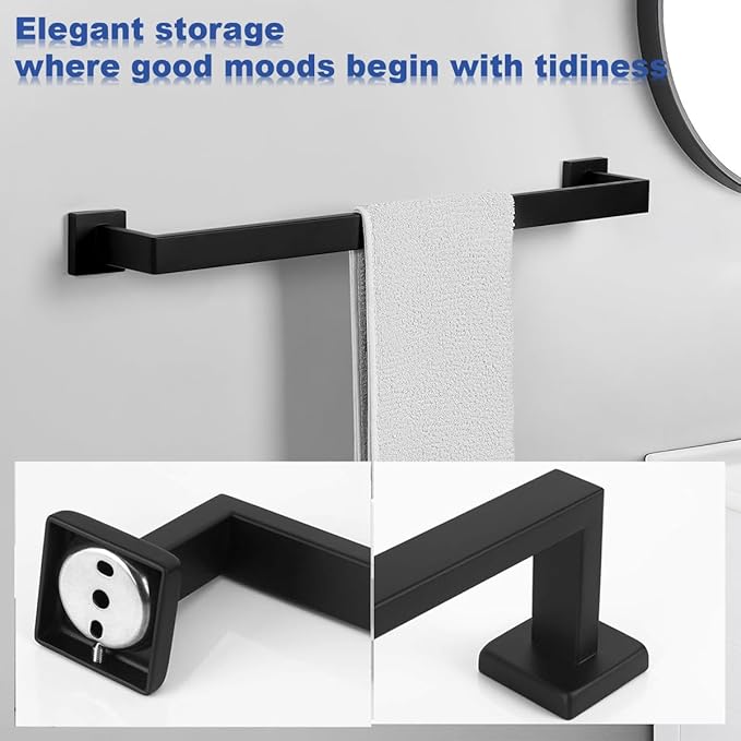 Towel Bar for Bathroom 24 Inch Matte Black Towel Holder 12/16/20/24/28/32/36 Inch Stainless Steel SUS304 Rustproof Towel Rack Modern Square Towel Rod for Bathroom Wall (1, Matte Black, 24 Inch)