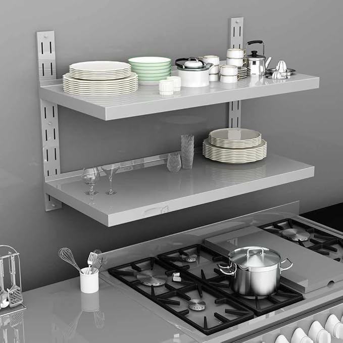 2-Tier Stainless Steel Floating Wall Shelf, 39.4x11.8 Inch Heavy Duty Storage Rack for Kitchen and Bathroom, Adjustable Height Metal Organizer