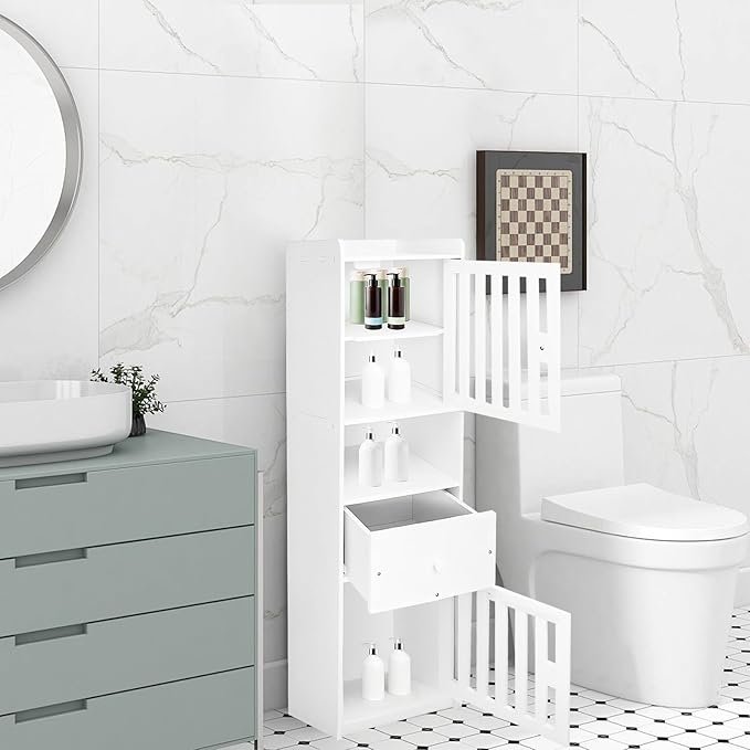 Tall Bathroom Storage Cabinet,11.4x 11.4 x 46.5 Inches Multipurpose Small Storage Cabinet with 2 Doors 5-Tier Side Storage Organizer Cabinet Unit for Bathroom Living Room Hallway Kitchen, White