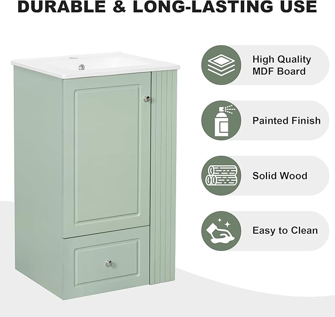 Virubi 20 in Small Bathroom Vanity with Sink,Drawer,Doors and Side Storage & Toilet Paper Holder, Solid Wood & MDF Modern Single Bathroom Sink Cabinet with Drawers,Freestanding (Green,20 in)