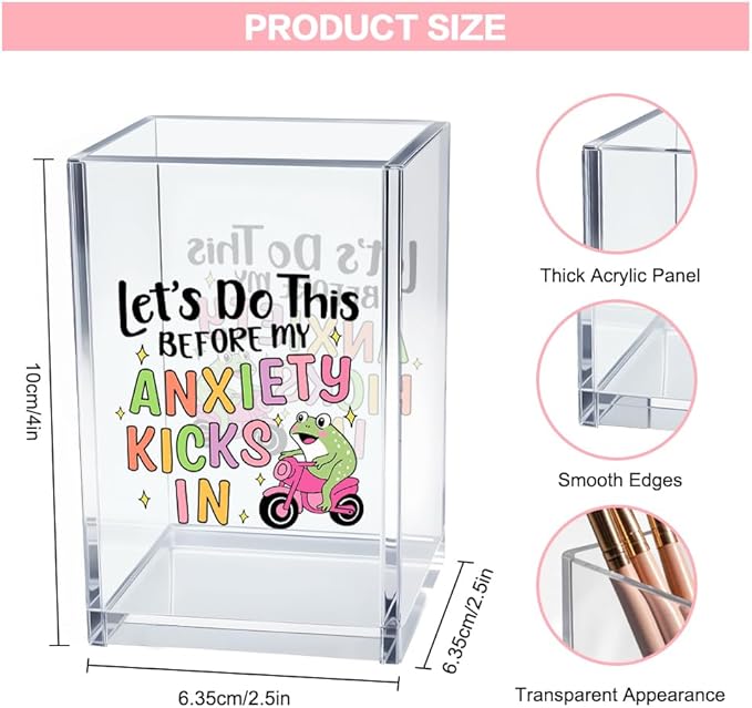 Let?€?s Do This Before My Anxiety Kicks in Acrylic Cosmetic Pencil Pen Holder Cup, Funny Frog Desk Organizer for Office Decor, Frog Lover Gifts Sarcastic Work Gifts for Women Men Coworker Employee