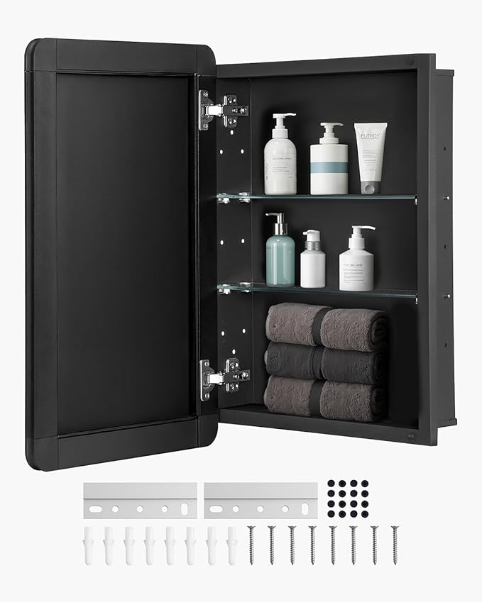 VEVOR Medicine Cabinet, 16 x 24 inch, Medicine Cabinet for Bathroom with Mirror, Aluminum Frame Bathroom Wall Cabinet, 2-Layer Adjustable Shelves, Recessed & Wall-Mounted Installation