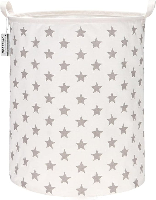 Sea Team 19.7 Inches Large Sized Waterproof Coating Ramie Cotton Fabric Folding Laundry Hamper Bucket Cylindric Burlap Canvas Storage Basket with Stylish Stars Design (19.7", Grey Star)
