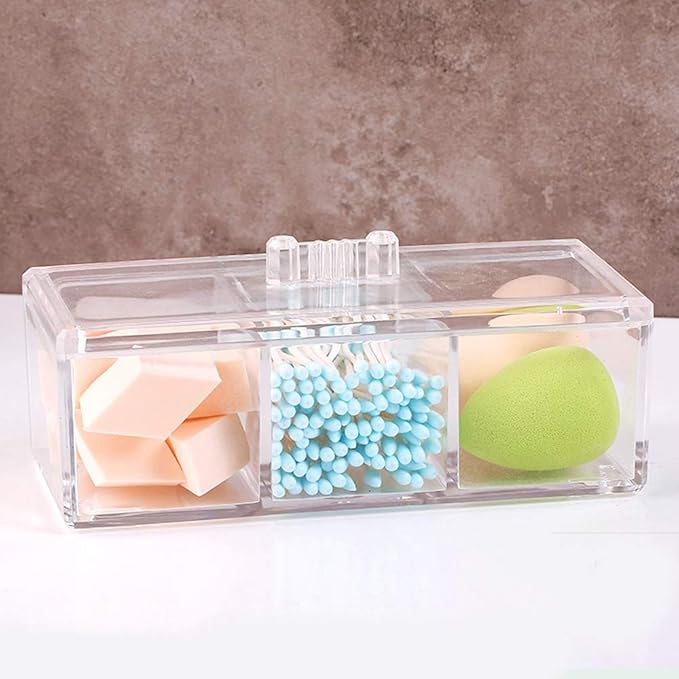 Cotton Ball and Swab Holder Organizer with Lid, Dustproof, Waterproof, Clear Acrylic 3 Compartment Cotton Pad Container for Cosmetics