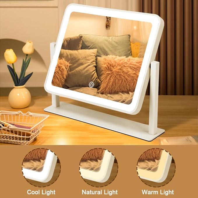 YEKKOPT Rechargeable Vanity Mirror with Lights, 14"×12" LED Makeup Mirror, Smart Touch Control, 3 Color Lighting with Adjustable Brightness,Cosmetic Mirror for Bedroom, Vanity Desk, Beauty Routine