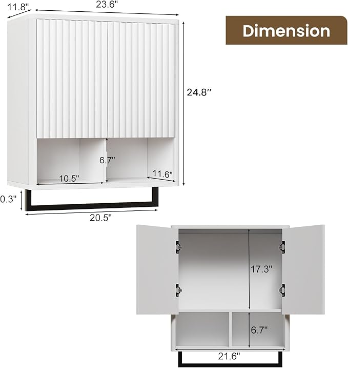 Bathroom Wall Storage Cabinet, Over The Toilet Medicine Cabinet, Hidden Storage & Open Shelves, Small 2-Door Multi-Functional Bathroom Organizer with Towel Bar for Bathroom & Kitchen (White)