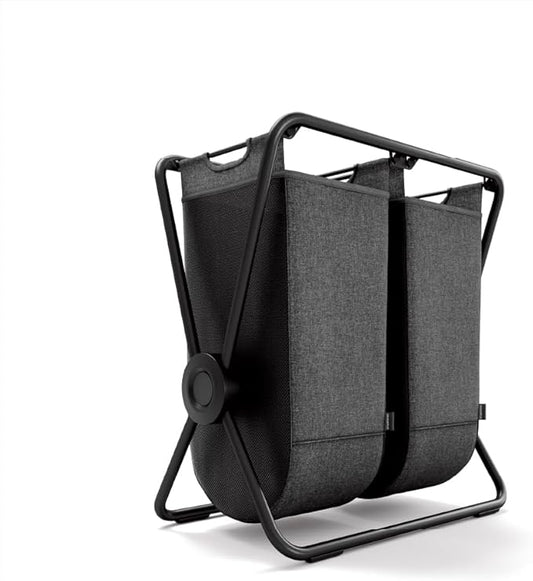 simplehuman double x-frame laundry hamper, 100% recycled polyester removable laundry baskets with easy carry handles, heavy-gauge steel frame, black, 50L + 50L