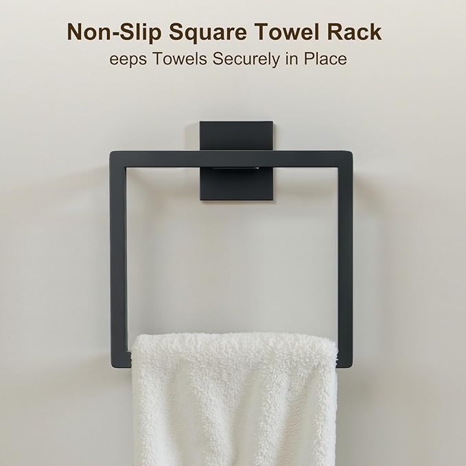 5 Pcs SUS304 Stainless Steel Bathroom Accessories Set, 23.6" Towel Bar, Toilet Paper Holder, Rectangular Towel Ring, Towel Hooks, Minimalist Design for All Styles Bathrooms (Matte Black)