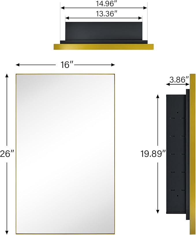 TEHOME Recessed Mount 16x26'' Squared Rectangle Brushed Gold Bathroom Medicine Cabinet with Mirror Gold Metal Framed Rectanglular Medicine Cabinet 2 Adjustable Glass Shelves