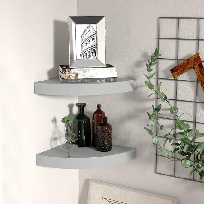 Floating Corner Shelves 2-Pack Gray 9.8"x9.8"x1.5" Wall Mounted Honeycomb MDF and Metal for Bathroom, Living Room, Bedroom Decor with Invisible Mounting System