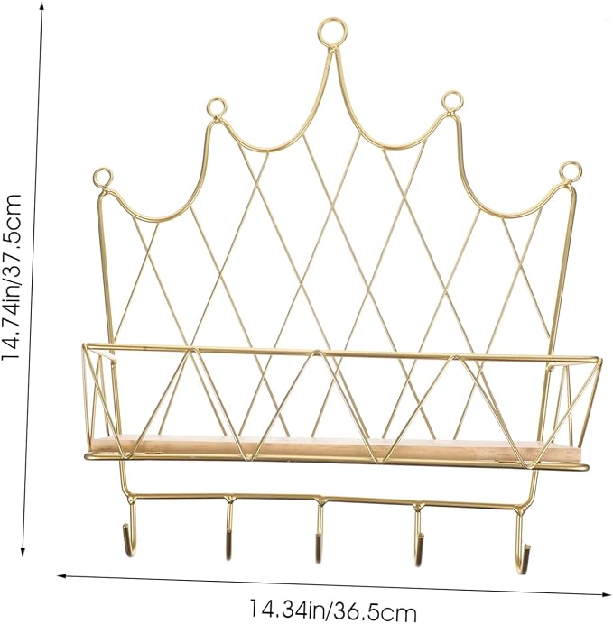 VALICLUD Crown Shaped Wall Storage Rack with Hook Decorative Floating Shelf Golden Color Easy to Install Suitable for Bedroom Bathroom Living Room Home Decor