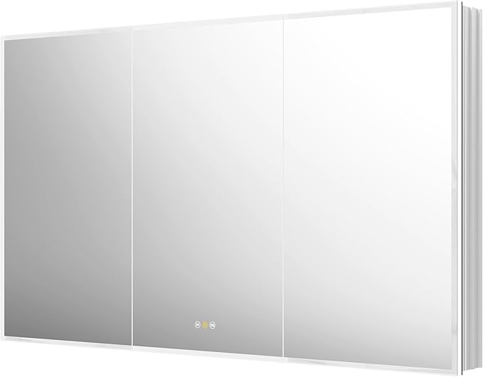 Recessed Medicine Cabinets for Bathroom with Mirror, Only Recessed Medicine Cabinet with Defogger, Dimmer, Outlets & USB, Three Doors