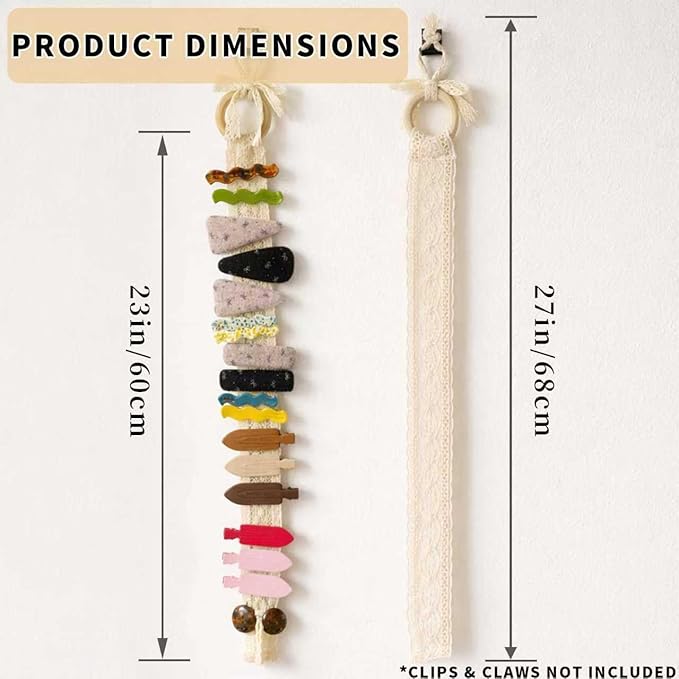 Hair Clip Storage Organizer 2 Pack, Boho Lace Hanging Hair Clip Holder for Wall & Vanity, Aesthetic Claw Clip Display for Bedroom Closet, Bathroom