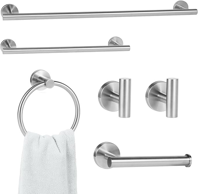 6 Piece Brushed Nickel Bathroom Hardware Set, Includes 24 inch Towel Bar, 16 inch Towel Rack, Towel Ring, Toilet Paper Holder, Towel Hook