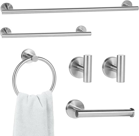 6 Piece Brushed Nickel Bathroom Hardware Set, Includes 24 inch Towel Bar, 16 inch Towel Rack, Towel Ring, Toilet Paper Holder, Towel Hook