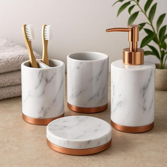 4 Piece Ceramic Bathroom Accessories Set - MARBLE Look Rose Gold White - Our Complete Bath Decor Kit Includes Designer Soap or Lotion Dispenser - Toothbrush Holder - Tumbler - Soap Dish (Marble White)