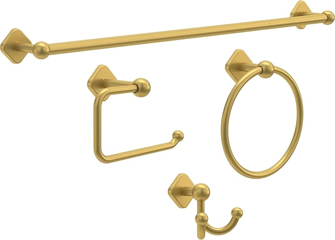 Franklin Brass Gainesville 4-Piece Bathroom Set Satin Gold 18" + 6" Towel Rack, Toilet Paper Holder, Hand Towel Holder, Hook | 4-Piece Bath Hardware Accessories Set GNV64-SG