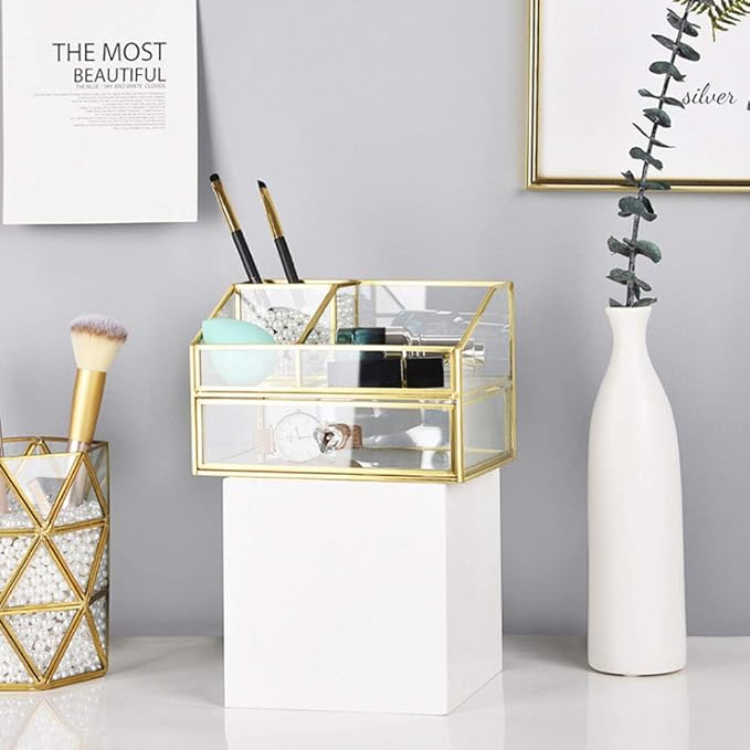 YUEHUA Clear Makeup Organizer, Glass Jewelry Display Box, Gold Makeup Nail Polish Lipsticks Eyeliners Holder Organizer for Vanity Bathroom Office