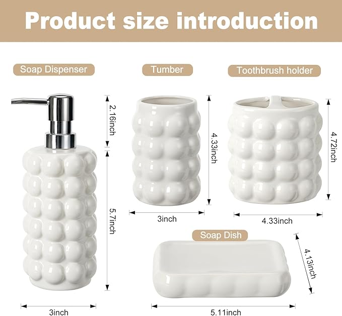 4 Piece Ceramic Bathroom Accessories Set –Soap Dispenser,Toothbrush Holder,Tumbler & Soap Dish,Includes Silicone Funnel,Non-Slip,Modern Farmhouse Countertop Organizer Set for Bathroom Decor, White