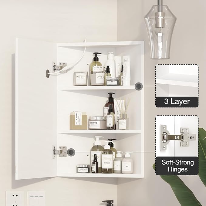 Corner Medicine Cabinet with Mirror,Lighted Medicine Cabinet with 2 Storage Shelf, 24" Bathroom Mirror Cabinet,Wall Mounted,Opens Right to Left,White,24" x16"