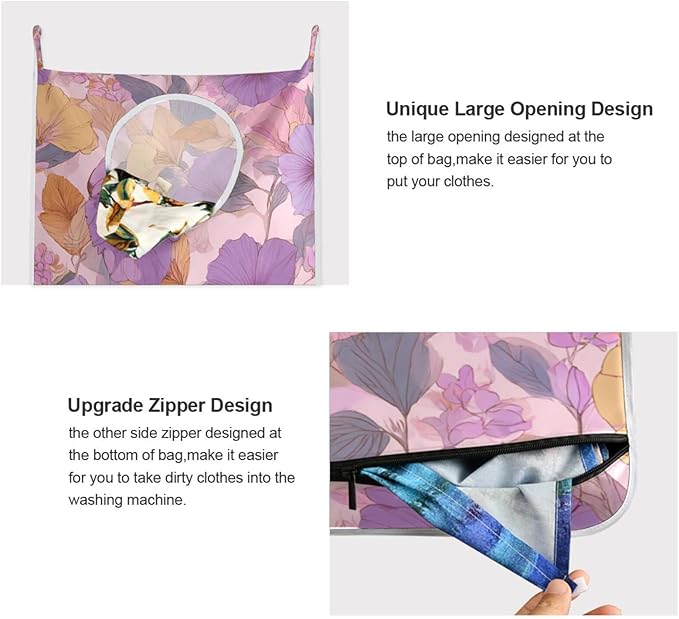 Hanging Laundry Hamper Bag Over the Door Laundry Hamper Wall Hamper Large Dirty Clothes Hamper with Stainless Steel Hooks 29.5X20inch 2 PCs Purple Floral