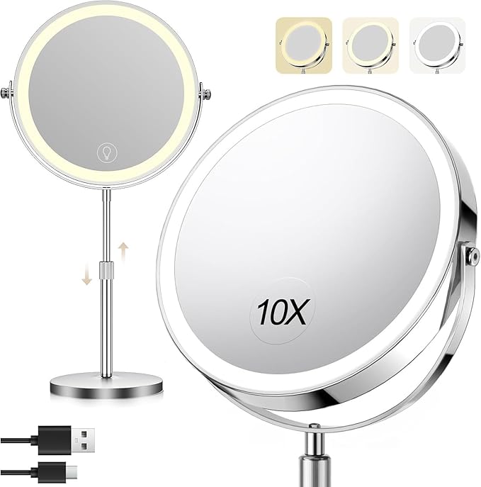 8.5" Lighted Makeup Mirror, 3000 mAh Rechargeable Double Sided Magnifying Vanity Mirror with 3 Colors, 1x/10x Magnifying, Brightness Adjustable Magnification Cosmetic Light up Mirror, Women Gift