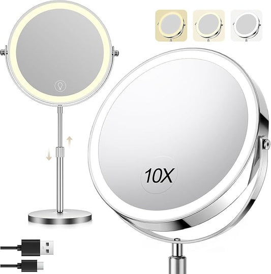 8.5" Lighted Makeup Mirror, 3000 mAh Rechargeable Double Sided Magnifying Vanity Mirror with 3 Colors, 1x/10x Magnifying, Brightness Adjustable Magnification Cosmetic Light up Mirror, Women Gift