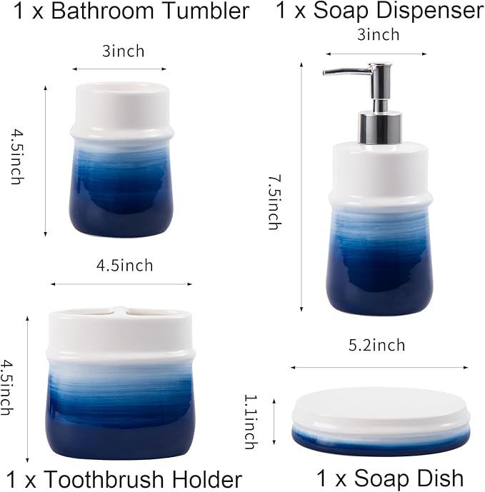 Navy Blue Bathroom Accessories Set, 4-Piece Blue Ceramic Bathroom Decorations Accessories Set,Contain Toothbrush Cup,Soap Dispenser,Soap Dish,Tumbler