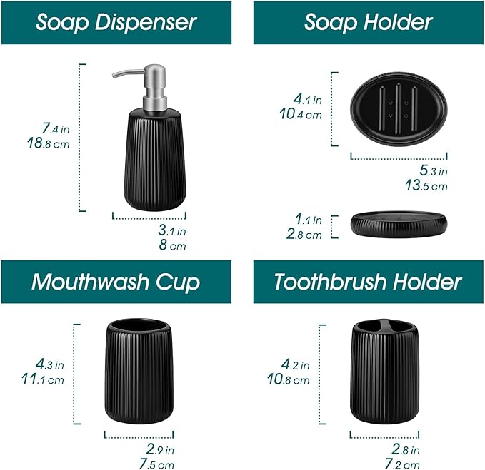 vancasso Ceramic Bathroom Accessories Set 4 Piece, Soap Dispenser with Stainless Steel Pump, Toothbrush Holder, Tumbler and Soap Dish, Modern Relief Design, Bathroom Decor Organizer, Black