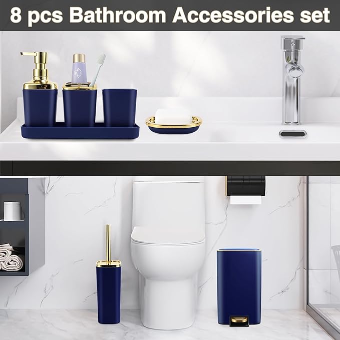 XLHOMO Navy Blue Bathroom Accessories Set 8 Piece Navy Blue and Gold Bathroom Set, Bathroom Sets with Stainless Steel Trash Can,Toilet Brush,Toothbrush Set,Soap Dispenser