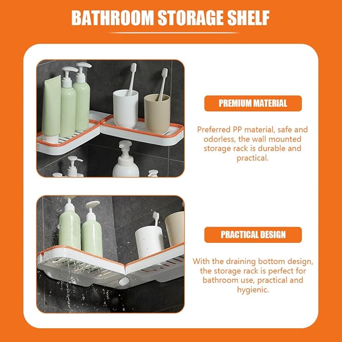 Wall-Mounted Foldable Corner Storage Rack 2pcs Punch-Free Bathroom Shelf Organizer with Drainage for Home, White Orange and White Gray