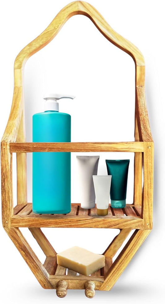 NORDIC STYLE TEAK Wood Natural Hanging Shower Caddy with Storage Shelves, Water Resistant, Easy to Place, Solid Teak Wood, Shower Accessory (Natural Víður)