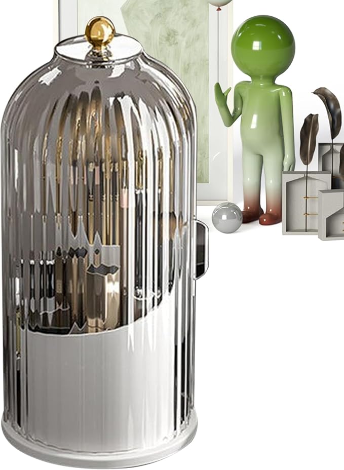 Multi-function Rotating Bird Cage Toiletries Storage Rack ?€? Storage Box, Makeup Holder | Covered Transparent Brush Organizer, 360 Rotating Design for Vanity Tables, Desktops, Bathroom Countertops