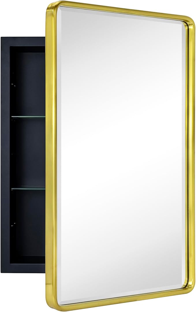 TEHOME Surface Mount 16x24 Brushed Gold Bathroom Medicine Cabinet with Mirror Gold Metal Framed Rounded Rectangle Medicine Cabinet with Beveled Mirror