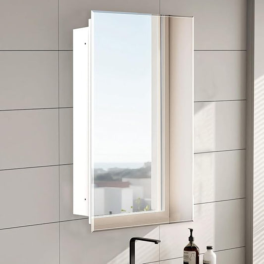 16"x26" Medicine Cabinet,HD Bathroom Mirror Cabinet with Beveled Mirror,Removeable Shelves, Recessed and Surface Mount,Frameless Bathroom Mirror with Storage