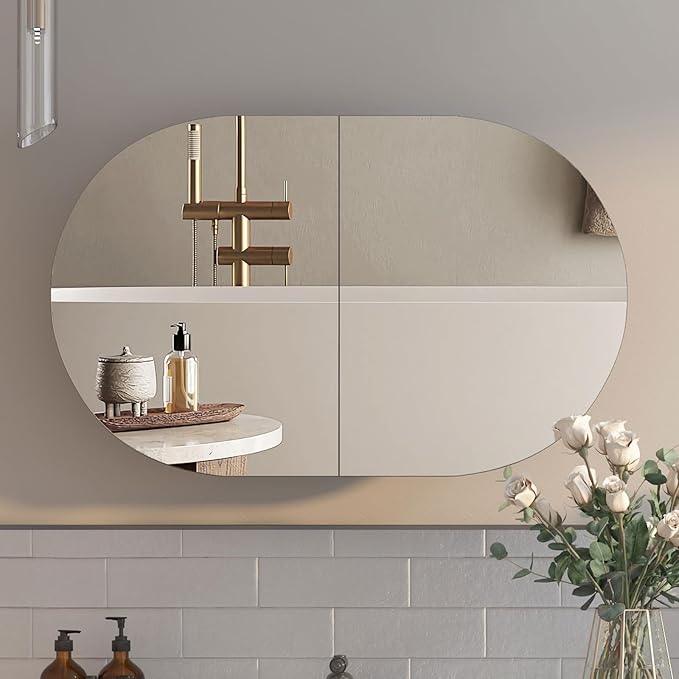 Oval Medicine Cabinet with Mirror for Bathroom,Bathroom Medicine Cabinet,Oval Mirror Cabinet Wall Mounted with 3 Storage,2 Doors,Black