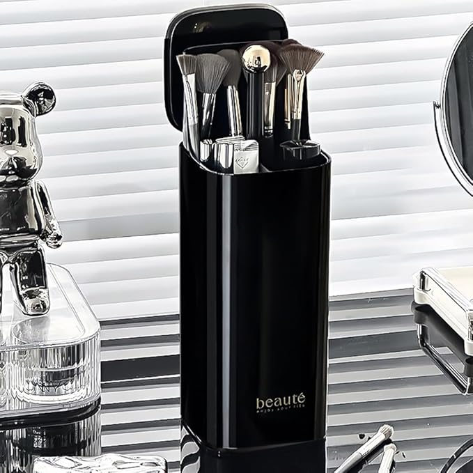 Automatic Lifting Makeup Brush Holder with Lid Dustproof Cosmetic Organizers for Vanity-Black