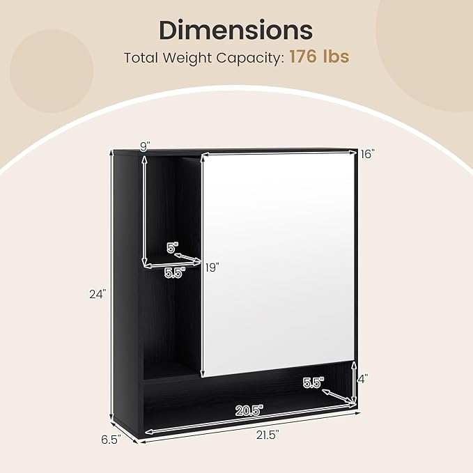 Giantex Bathroom Medicine Cabinet with Mirror, Wall Mounted Medicine Cabinet w/Single Door, 3 Open Shelves & Adjustable Shelf, Space-Saving Hanging Storage Cabinet for Living Room, Hallway (Black)