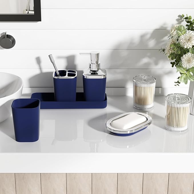 XLHOMO Navy Blue Bathroom Accessories Set, 9-Piece Plastic Gift Set with Trash Can, Toothbrush Holder, Toothbrush Cup, Soap Dispenser, Soap Dish, Toilet Brush Holder,2 Qtip Holder Dispensers and Tray