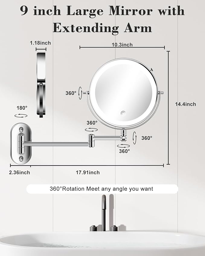9'' 30X/1X Wall Mounted Lighted Makeup Mirror, Height Adjustable Double Sided 5000mAh Rechargeable Magnifying Bathroom Mirror with Light, 3 Color Modes Touch Dimmable Extended Arm 360 Rotation