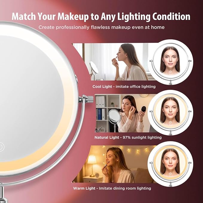 Makeup Mirror, 1X/30X Magnification with 3 Level LED Lights, 5000 mAh Rechargeable Double Sided 9” Magnifying Mirror with 360° Rotation, Perfect for Precision Grooming and Makeup, Women Gift