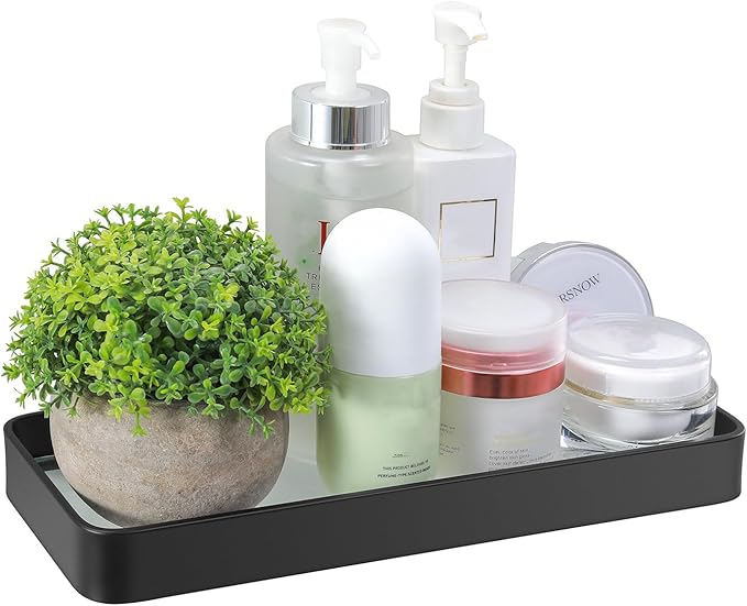 Z metnal Small Glass Bathroom Shelves, Matte Black Floating Shelf, Mini Wall Shelf Organizer, Wall Mounted (Clear Glass, 10 inch/25cm), 1 pcs