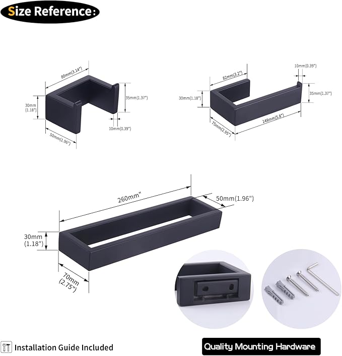GERZWY Bathroom Accessory 3-Piece Set SUS 304 Stainless Steel Toilet Paper Holder Towel Ring Towel Hooks Wall Mount, Matte Black HG1708-3BK
