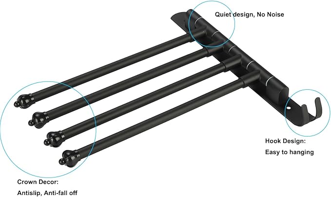 Swivel Towel Rack 4 Tier Face Towel Bar 12 Inch Bathroom Door Towel Rack Drying Rack for Towels Socks Wall Towel Racks (Stainless Steel, Black 4-Arm)