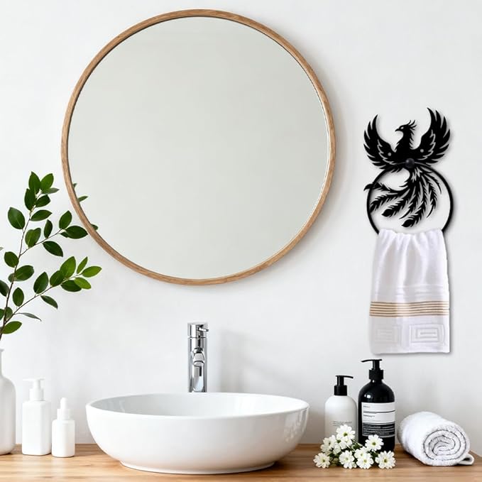 MAYJOYDIY Phoenix Metal Towel Ring Round Animal Hand Towel Holder Ring Hanger Wall Mount Black Vintage Towels Wall Organizer for Kitchen Bath Home Laundry Room Decors Gifts