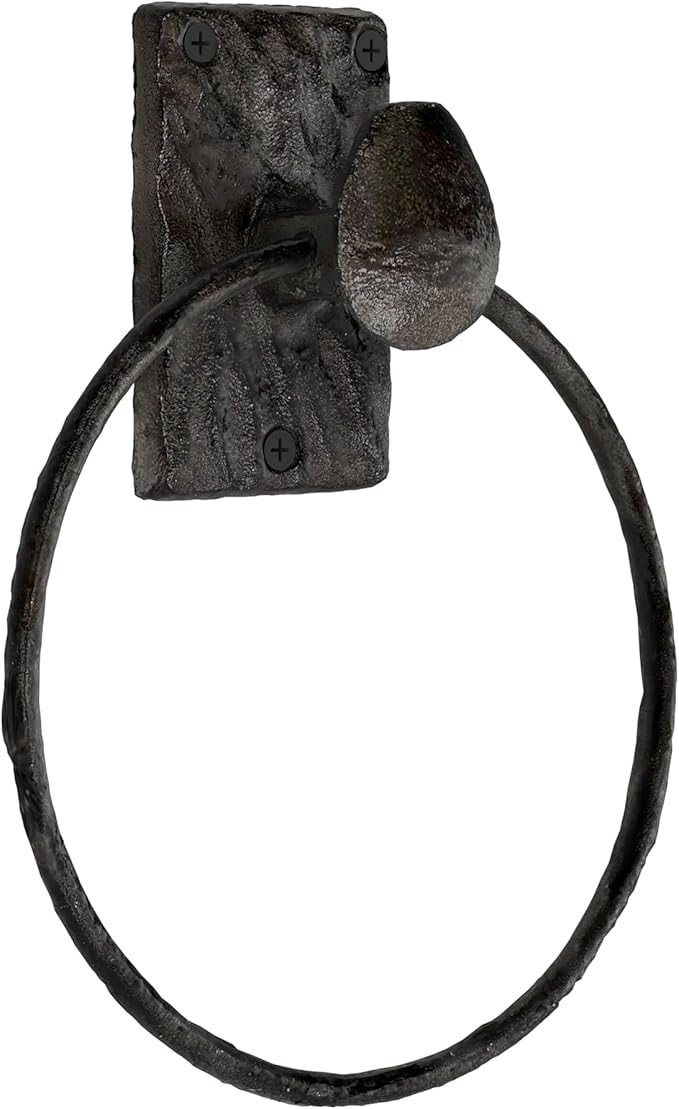 Rustic State Motris Wall Mount Railroad Spike Industrial Design Cast Iron Towel Ring with Hammered Effect Texture for Bathroom and Kitchen - Hand Towel Holder Hanger Rack - Black
