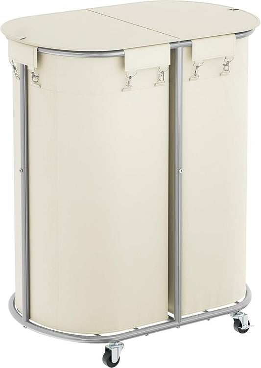 Chrislley 200L Double Laundry Hamper with Wheels and Lid, Large Oval Rolling Laundry Basket 2 section, Laundry Cart with Removable Bags and Iron Frame, Dirty Clothes Hamper for Home, Dorm, Beige